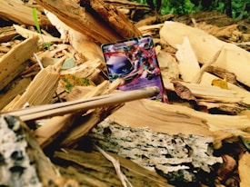 A vibrant Pokémon card is partially buried among scattered, broken pieces of wood in a forested environment. Fallen leaves and the rough texture of tree bark surround the card.