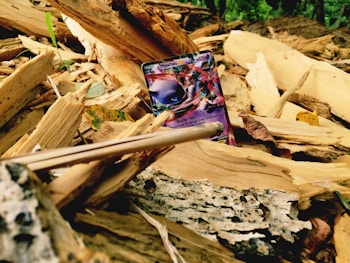 A vibrant Pokémon card is partially buried among scattered, broken pieces of wood in a forested environment. Fallen leaves and the rough texture of tree bark surround the card.