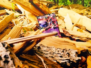 A colorful trading card is partially buried among broken pieces of wood. The card stands out with its vibrant design, contrasting against the earthy tones of the wood and scattered green leaves.