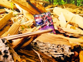 A colorful trading card is partially buried among broken pieces of wood. The card stands out with its vibrant design, contrasting against the earthy tones of the wood and scattered green leaves.