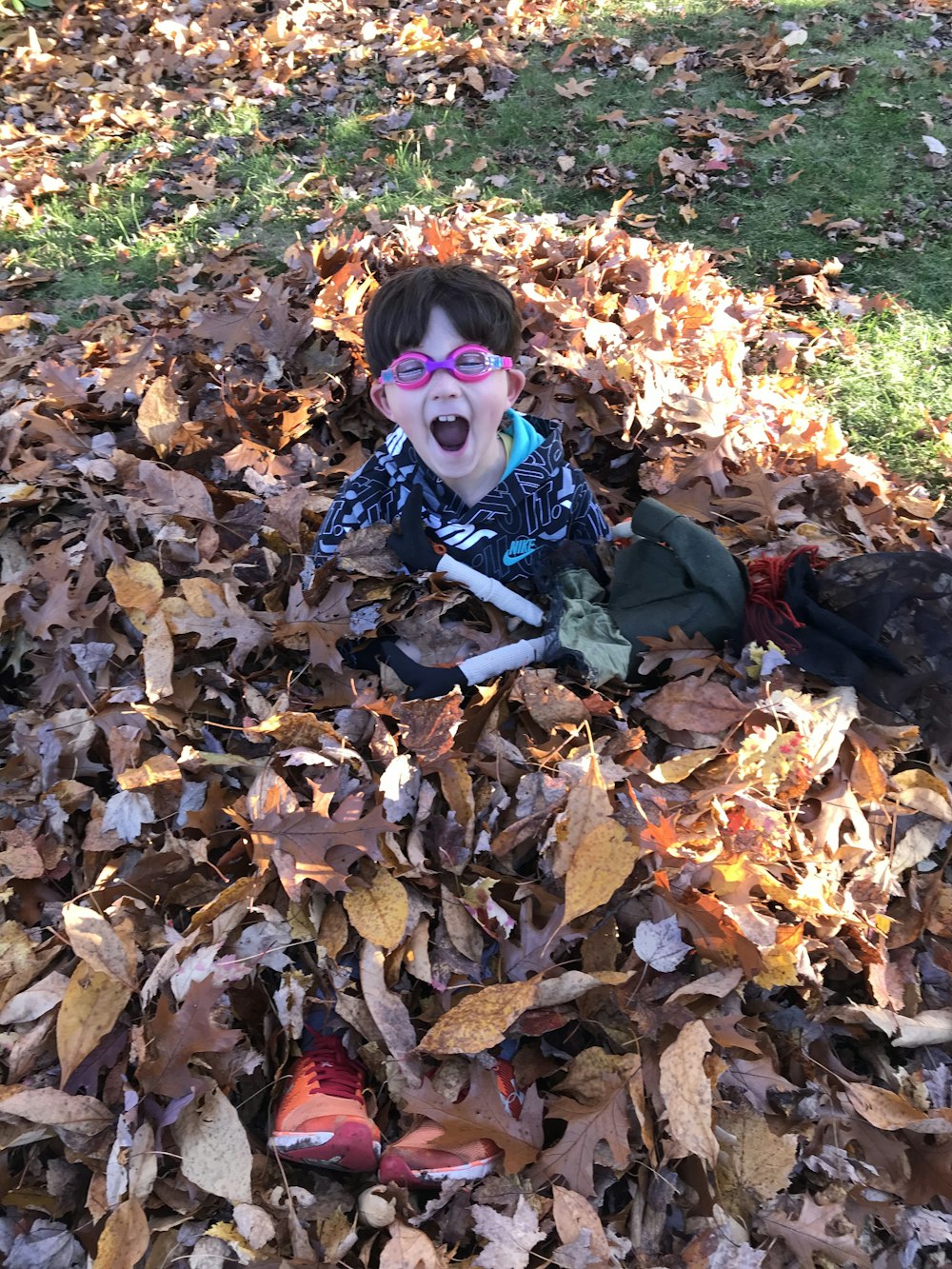 a little boy sitting in a pile of leaves