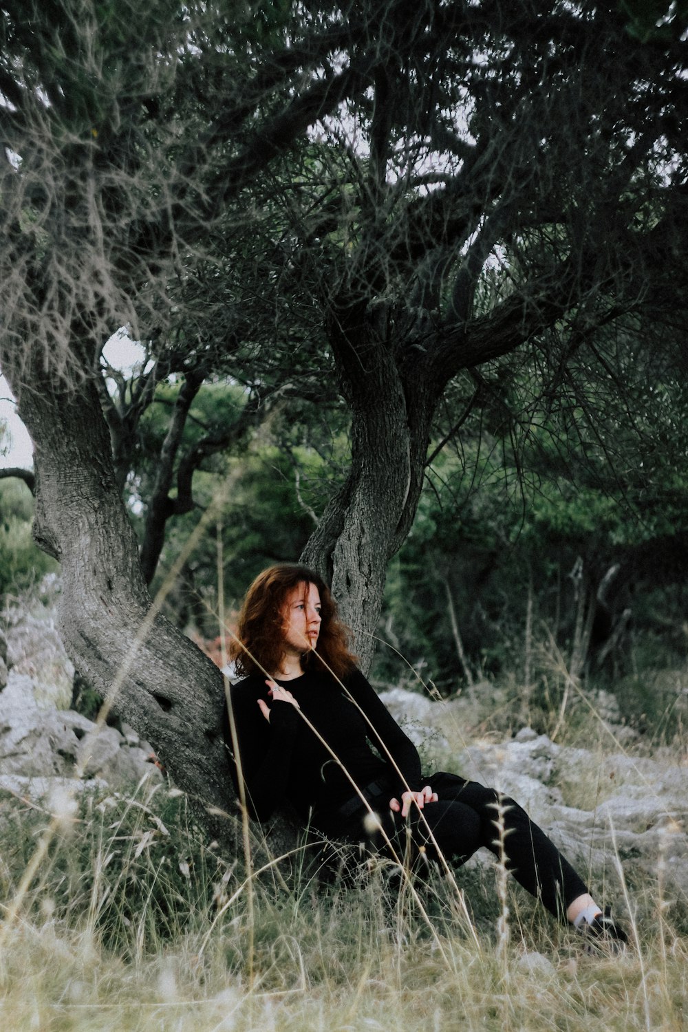 a woman sitting under a tree in a field