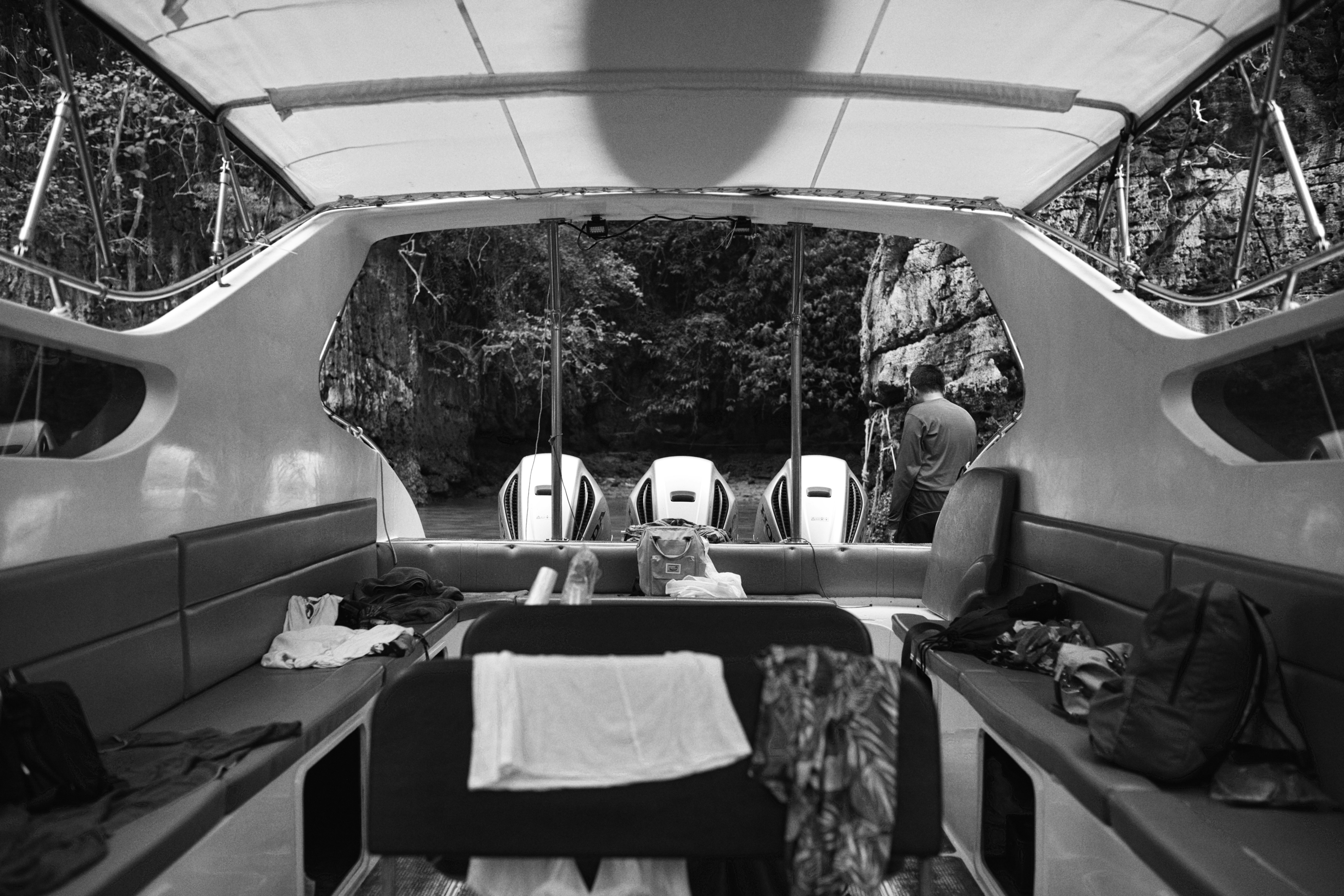 a black and white photo of a camper