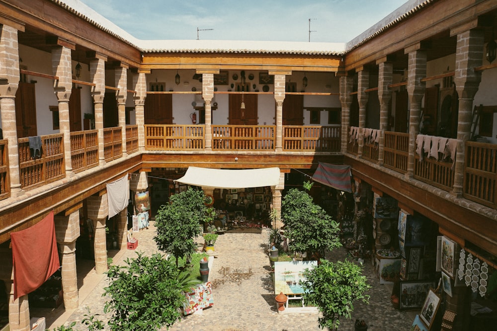 a courtyard of a building with several balconies