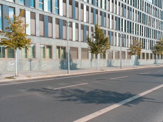 A modern office building with a grid of windows and a few small trees planted along the sidewalk. The street is empty with no cars or people visible.