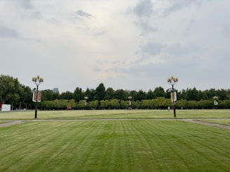 A large expanse of well-maintained green lawn stretches across the foreground, bordered by rows of trees in the background. Several lamp posts are evenly spaced along the lawn, adding structure and symmetry to the scene. The sky is overcast with patches of gray clouds, giving a muted lighting to the landscape.