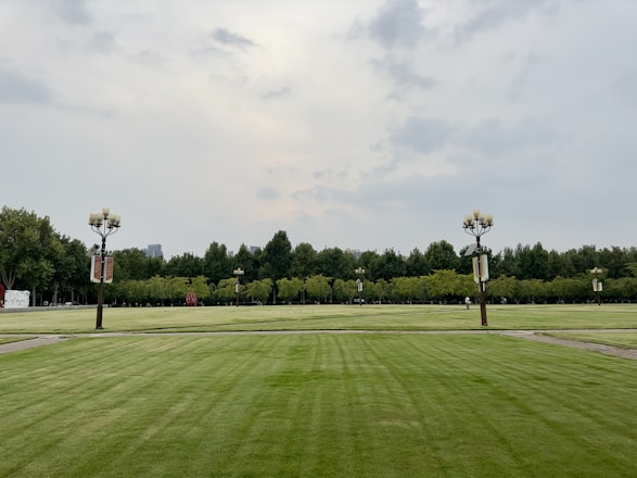 A large expanse of well-maintained green lawn stretches across the foreground, bordered by rows of trees in the background. Several lamp posts are evenly spaced along the lawn, adding structure and symmetry to the scene. The sky is overcast with patches of gray clouds, giving a muted lighting to the landscape.