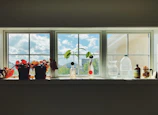 A sunny kitchen window sill adorned with potted plants and hearthtrust’s practical everyday cleaning sprays.