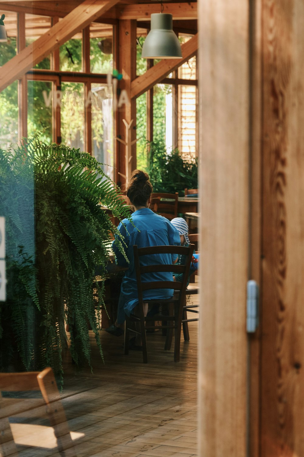 a person sitting at a table in a greenhouse