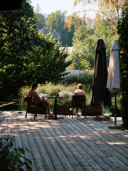 Two authors seated in a sunlit garden surrounded by books and nature, sharing a quiet moment.