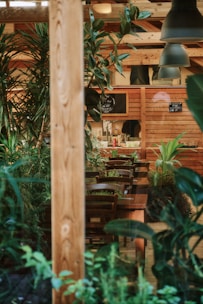 Interior shot of nook’s brunch space featuring warm wood textures and lush greenery.
