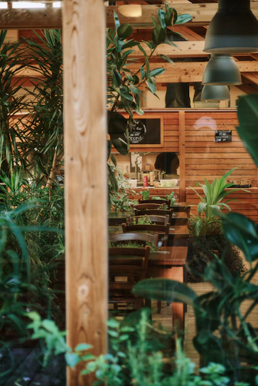 A cozy corner of the Jaqueira cantina with wooden tables and green plants.