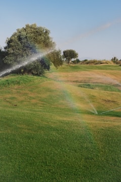 Water sprinklers create a mist over a lush green field, forming a faint rainbow. Trees in the background provide a natural landscape.