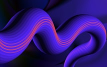 A fluid, wave-like structure with alternating patterns of purple and orange curves, set against a dark, contrasting background. The design has a smooth, flowing appearance with a sense of motion and depth.