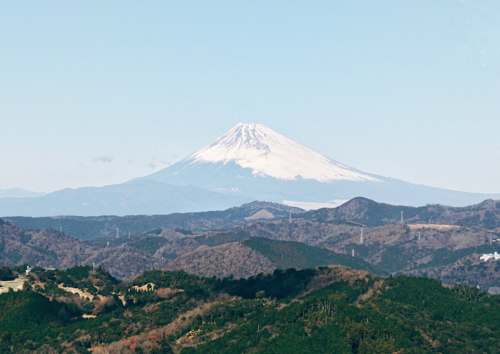 a view of a snow covered mountain in the distance