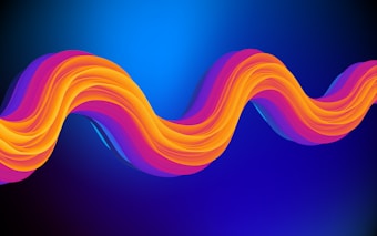 A vibrant, wavy ribbon-like structure flows horizontally across a gradient background that transitions from blue to dark blue. The ribbon is composed of bright, warm colors including shades of orange, pink, and purple.