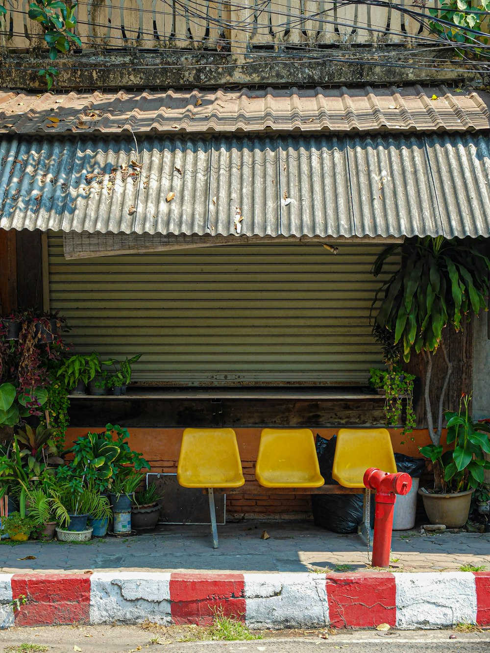 a row of yellow chairs sitting next to a red fire hydrant