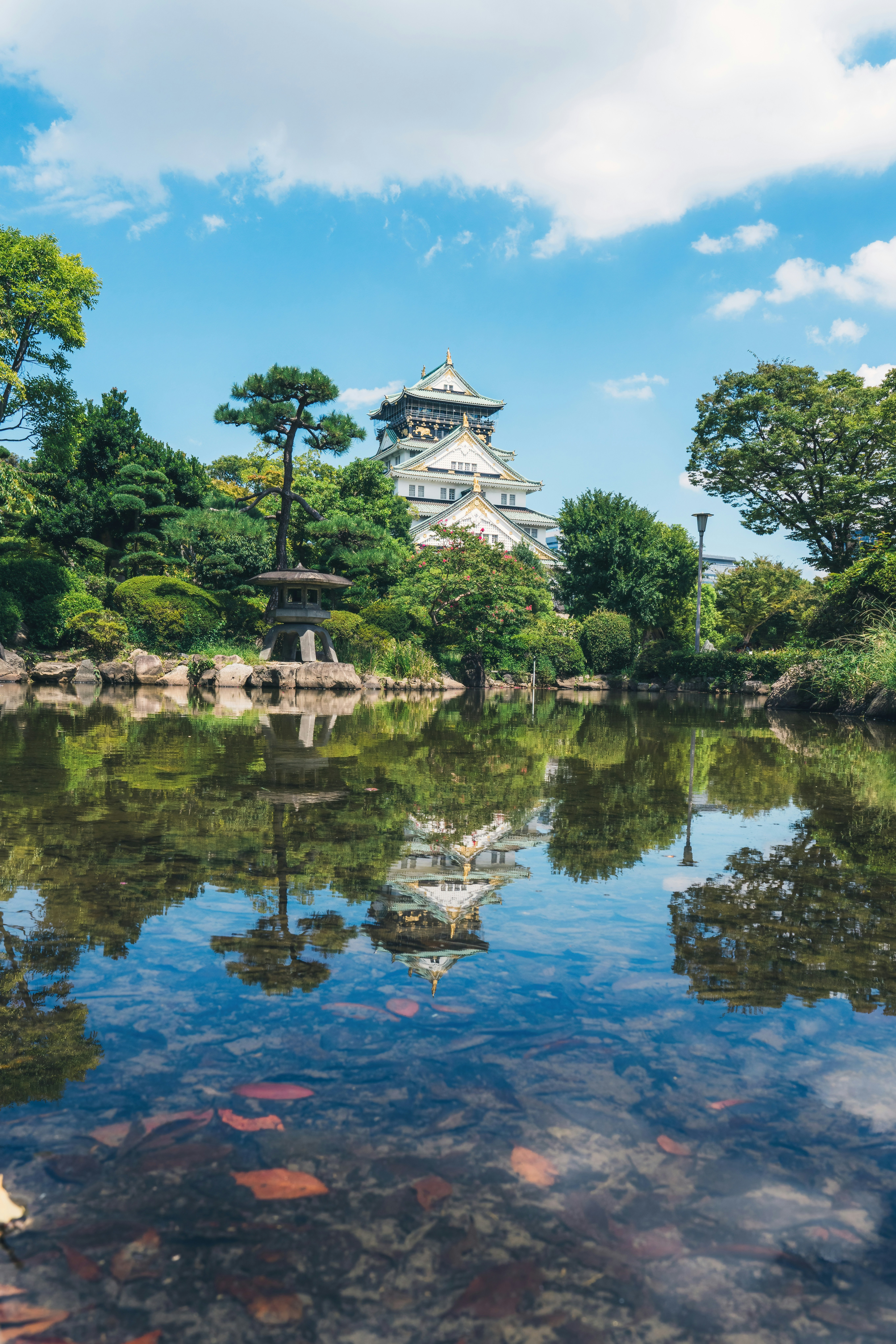 Un estanque con un edificio al fondo