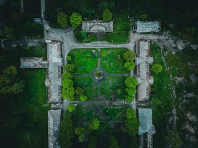 An aerial view showing the contrast between the lush roseraie and the encroaching construction site nearby.