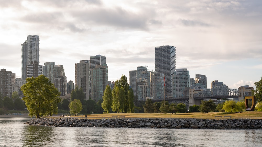 a body of water with a city in the background