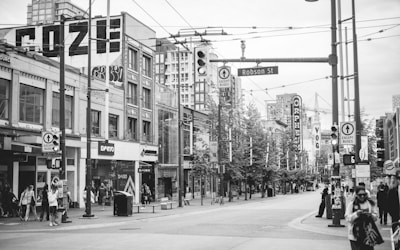 Bustling shops along Robson Street showcasing Vancouver’s commercial heart.