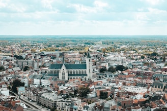 An aerial view of a cityscape with a large, prominent church featuring a tall spire in the center. The surrounding area is filled with densely packed buildings, including houses and apartment complexes. Beyond the city, there are expanses of greenery and a vast, cloudy sky overhead.