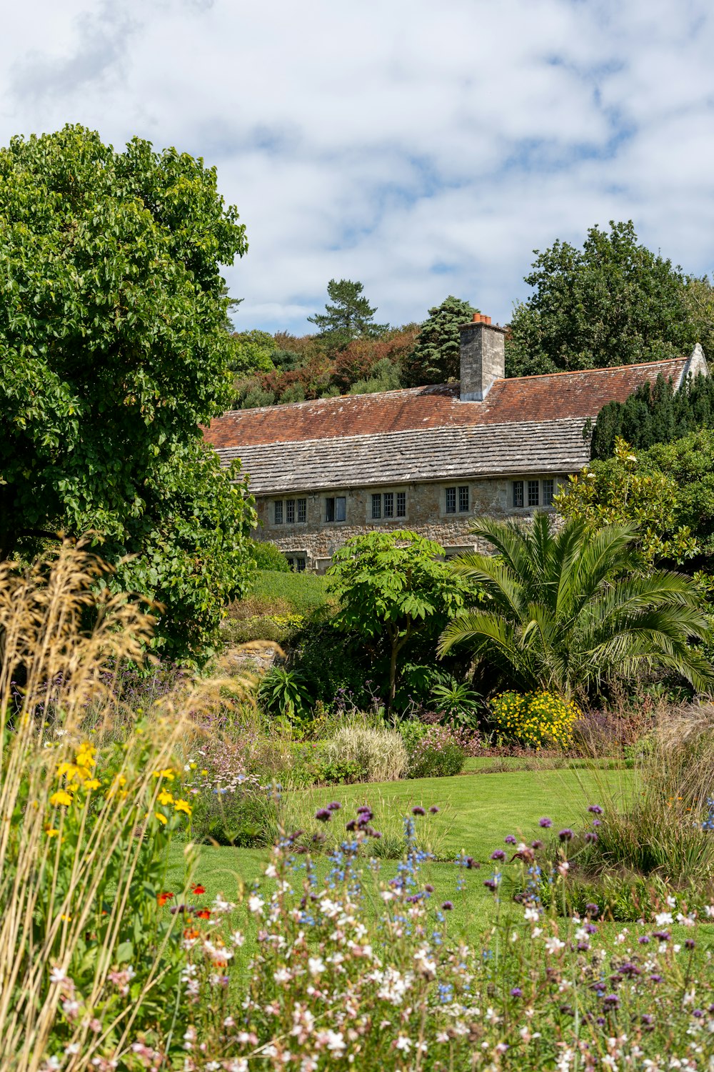 a house surrounded by a lush green field