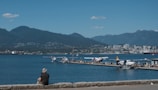 A scenic waterfront view with several seaplanes docked at a pier, surrounded by a vast expanse of water. In the background, a city skyline with numerous buildings is visible, set against a backdrop of forested mountains under a clear blue sky with a few scattered clouds. A person wearing a hat is sitting on a stone wall, facing the water.