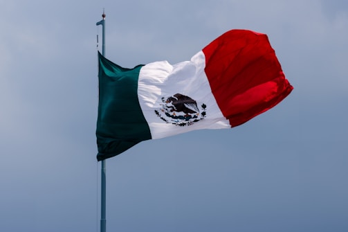 A large flag with three vertical stripes of green, white, and red, featuring a central emblem that depicts an eagle holding a snake. The flag is flying on a pole against a cloudy sky.