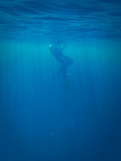 A diver is submerged underwater, illuminated by rays of light filtering through the surface. The scene captures the serene and mysterious ambiance of the deep blue sea, with the diver's silhouette partially visible against the water.