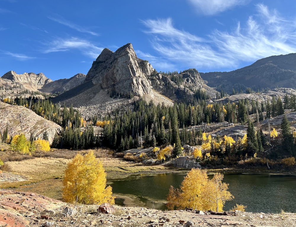 a mountain range with a lake in the foreground