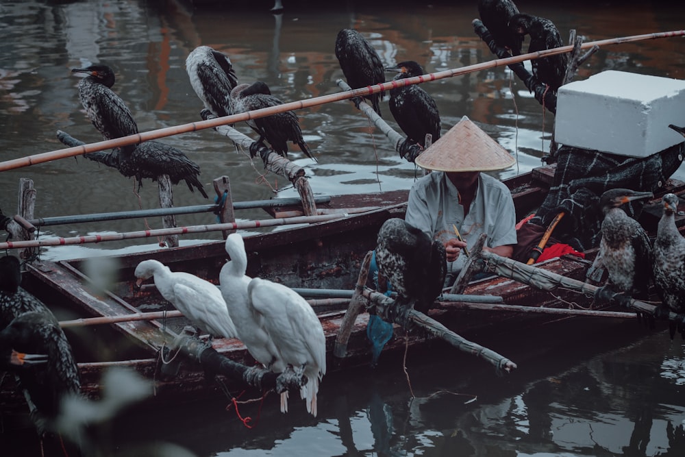 a man sitting in a boat filled with birds