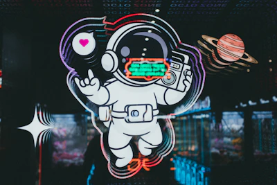 A futuristic astronaut floating in space surrounded by digital icons representing growth and innovation.