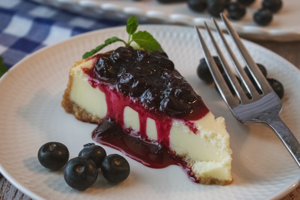 a piece of cheesecake with blueberries on a plate