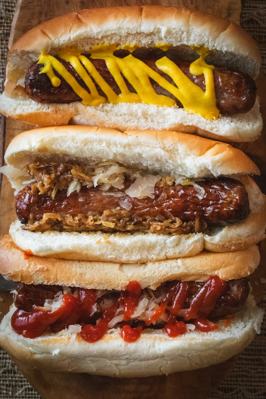 Bratwurst sausage in a bun topped with golden crispy fried onions