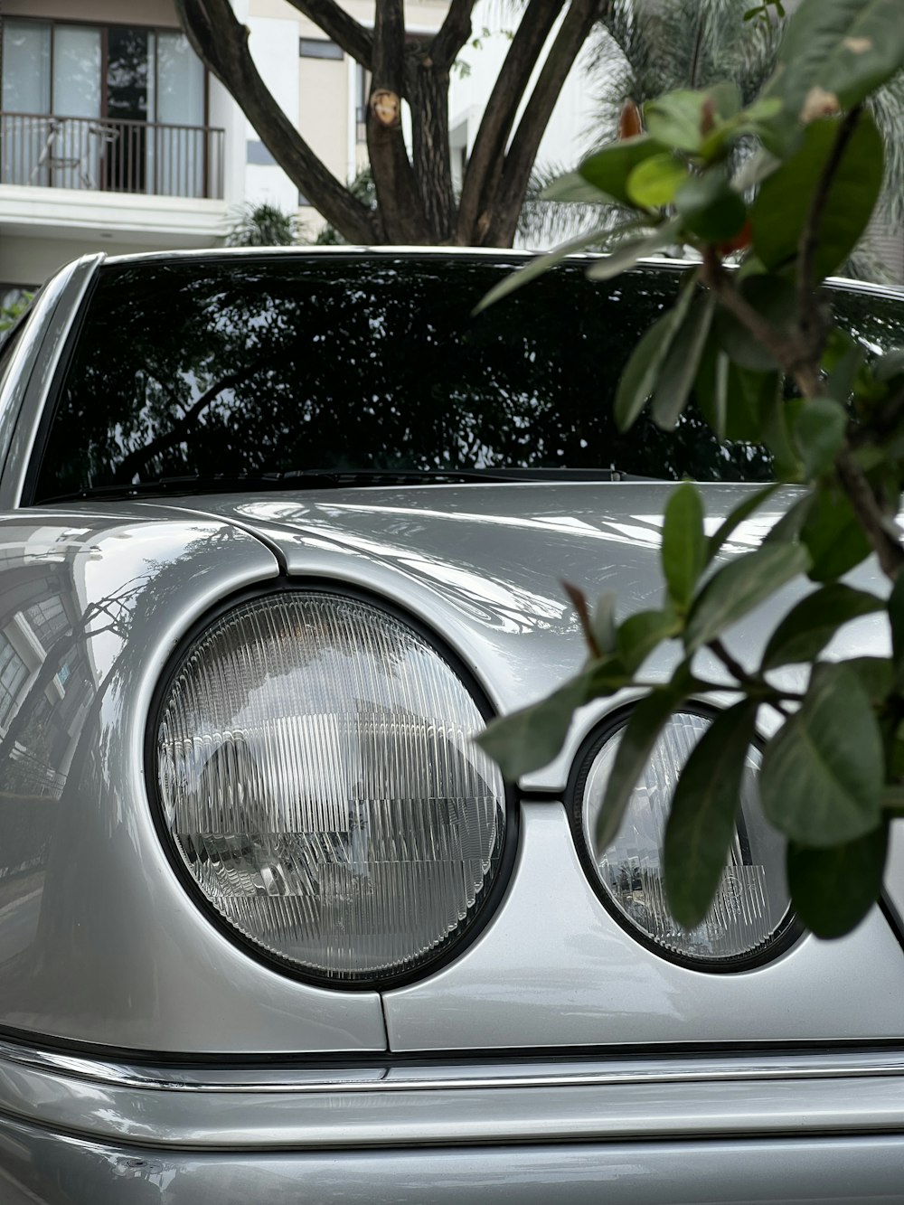 a silver car parked in front of a tree