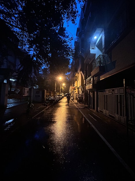 A contemplative street scene in Singapore at dusk, with soft shadows and reflections on wet pavement.