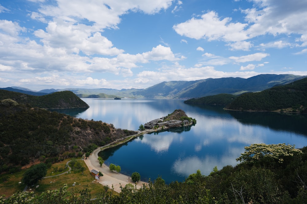 a large body of water surrounded by mountains