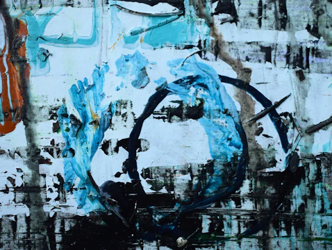 Close-up of textured silver and orange abstract brushstrokes with black highlights.