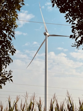 A tall wind turbine stands against a partly cloudy sky, framed by tree leaves on the sides and corn plants in the foreground. The structure is modern and sleek, with its blades positioned in a way that suggests stillness or gentle motion.