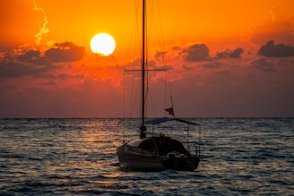 Sunrise over Tampa Bay with sailboats glowing orange on the water.