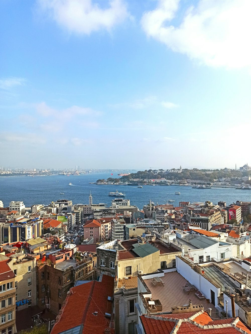 a view of a city with a body of water in the background