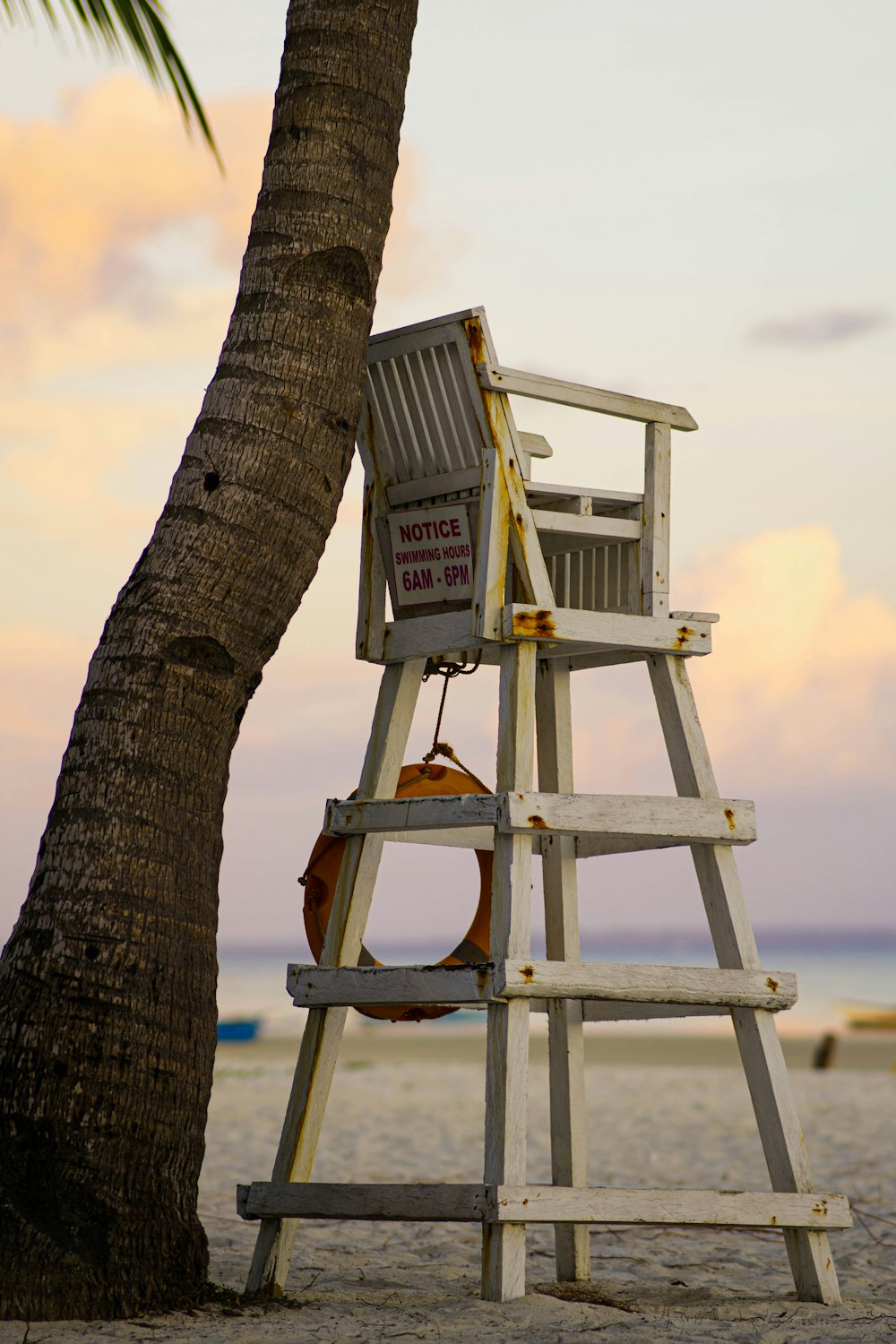 a lifeguard chair on a beach next to a palm tree