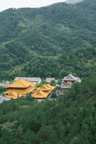 A cluster of traditional buildings with vibrant yellow roofs nestled within lush green forested hills. The architecture stands out against the natural backdrop, creating a serene and harmonious setting. The structures appear well-maintained and are likely of cultural or religious significance.