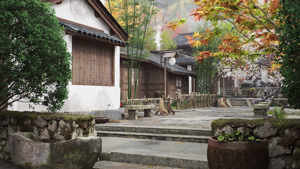 a courtyard with steps leading up to a building