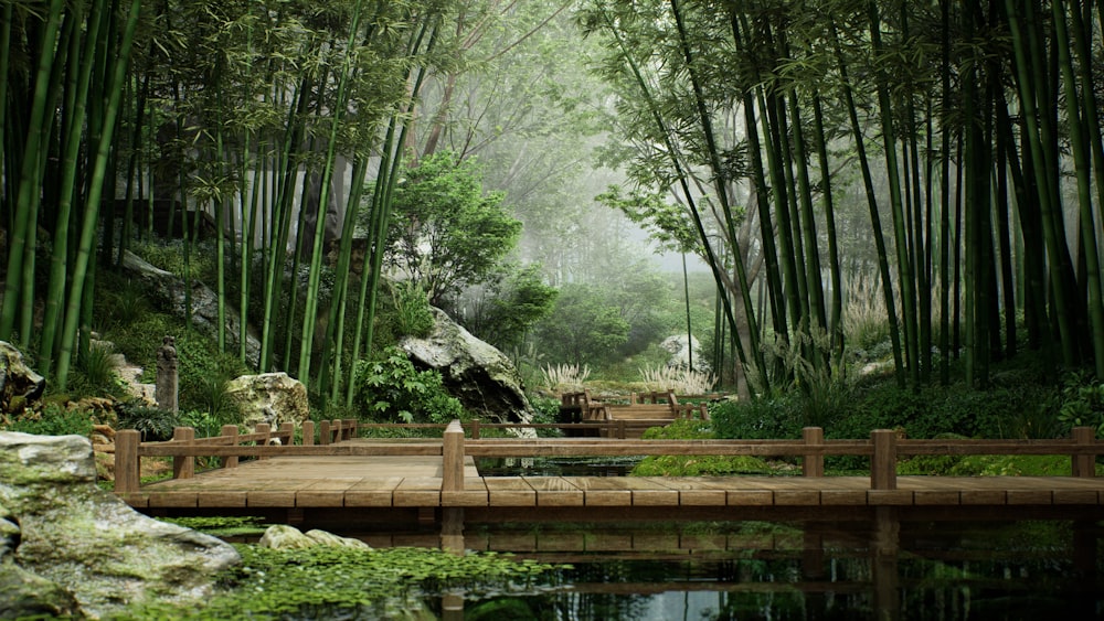 a wooden bridge over a small pond in a forest