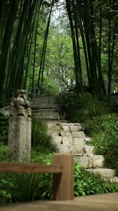 A tranquil stone path winding through moss-covered temple grounds surrounded by bamboo and forest in Kamakura.