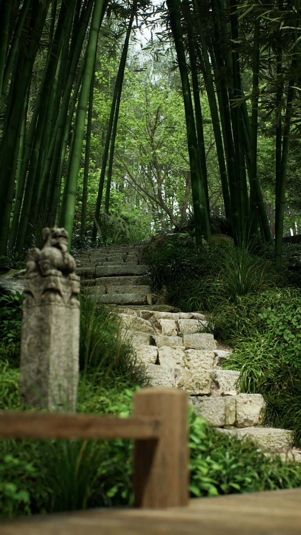 a wooden bench sitting in the middle of a lush green forest