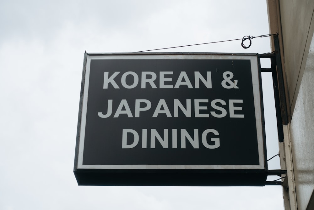 a black and white sign hanging from the side of a building