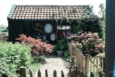 A rustic garden scene features a small wooden shed with a tiled roof. Climbing plants and green foliage partially cover the shed, while an array of gardening tools and metal basins are hung on the side. In the foreground, a variety of flowering shrubs and bushes, including hydrangeas, and a well-maintained path leading through a quaint wooden fence add to the pastoral atmosphere.